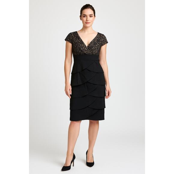 2/$30 London Times Lace Tiered Ruffle Cocktail Dress 6 Women Lace Combo Bodycon - Picture 1 of 9